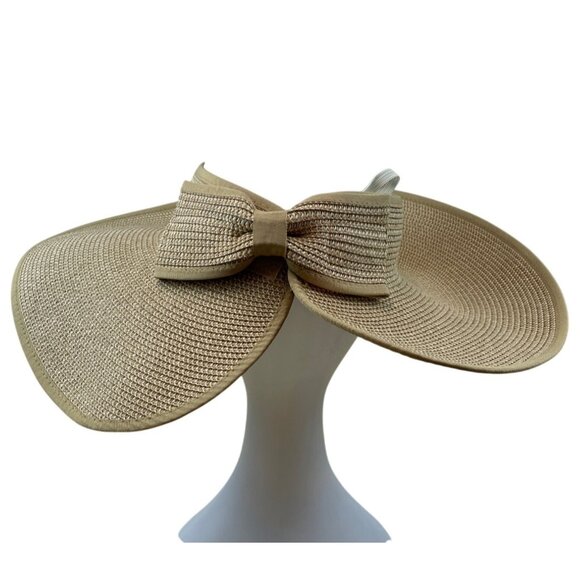 Wide Brim Straw Sun Visor Hat With Bow Closure Beige Adjustable - Picture 3 of 7
